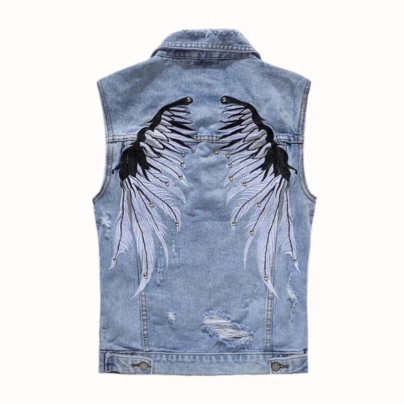 Mcikkny Men Ripped Denim Vest With Rivet Fashion Wing Embroidered Waistcoats For Male Sleeves Jean Jackets Hip Hop (7)
