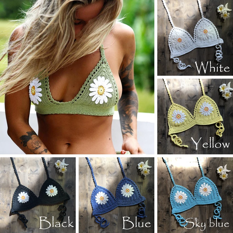 

CROCHET BIKINI 9 Color Sexy Bikini Top Women's Halter Neck Crop Top V Knit Crochet Summer Fashion Bikini Lace Hollow Out Bra