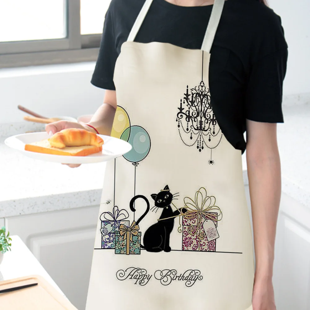 1 Pcs Cute Cat Pattern Kitchen Apron for Women Cotton Linen Bibs Household Cleaning Pinafore Home Cooking Aprons