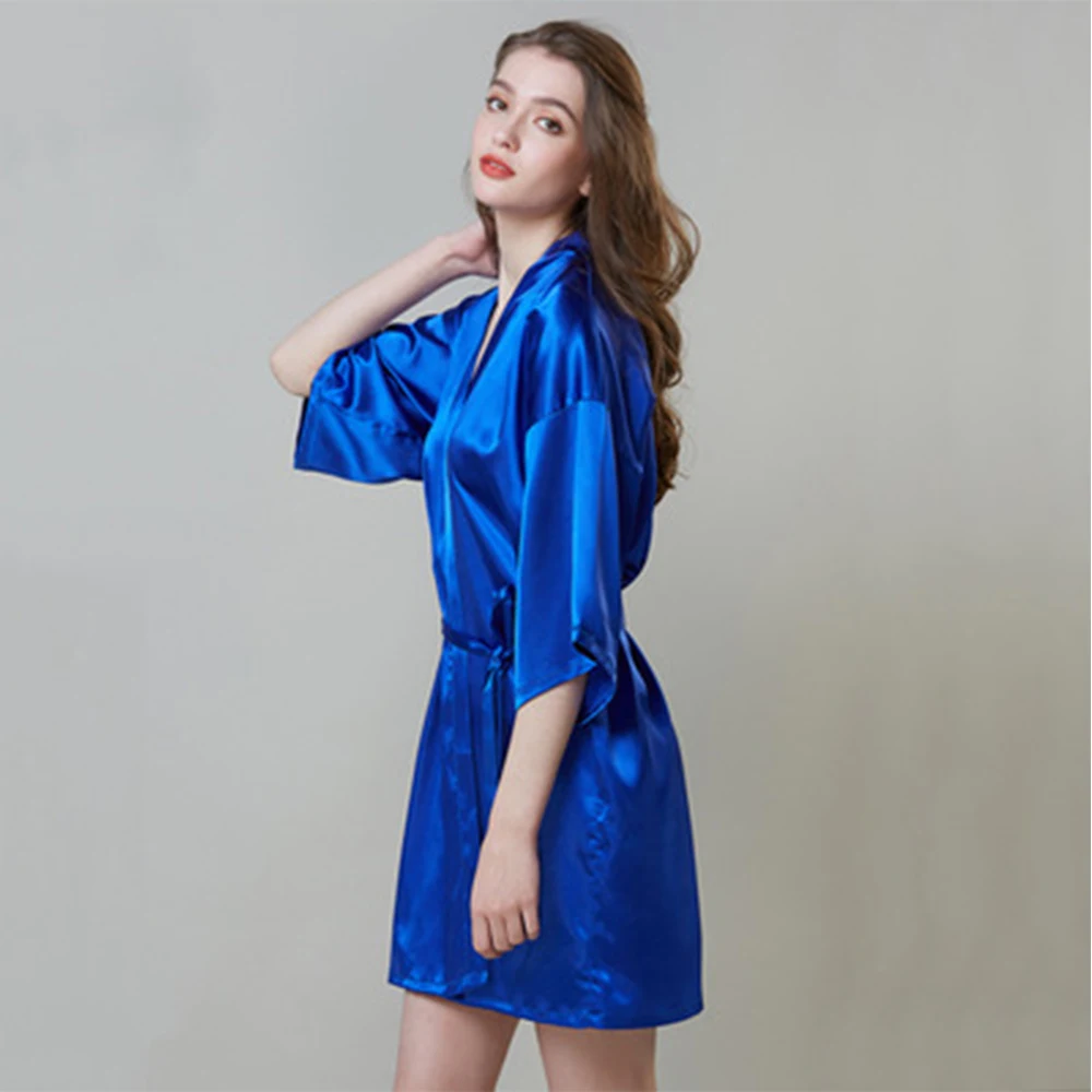 

2019 New Silk Kimono Robe Bathrobe Women Silk Bridesmaid Robes Sexy Navy Blue Robes Satin Robe Ladies Dressing Gowns