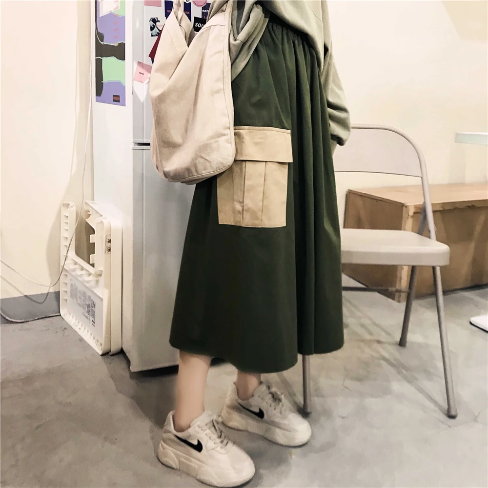 

Casual Long Skirt Women 2019 Autumn Winter Japanese Vintage Pockets Patchwork Elastic Waist A line Skirt Army Green Khaki B216