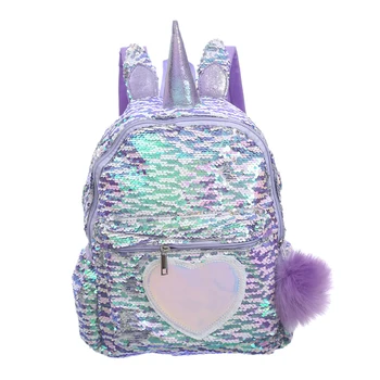 

Violet Sequin Children Backpack Unicorn Printing Satchel Hairball Bag Dazzling Bookbag Fashion Cute Travel School Bag