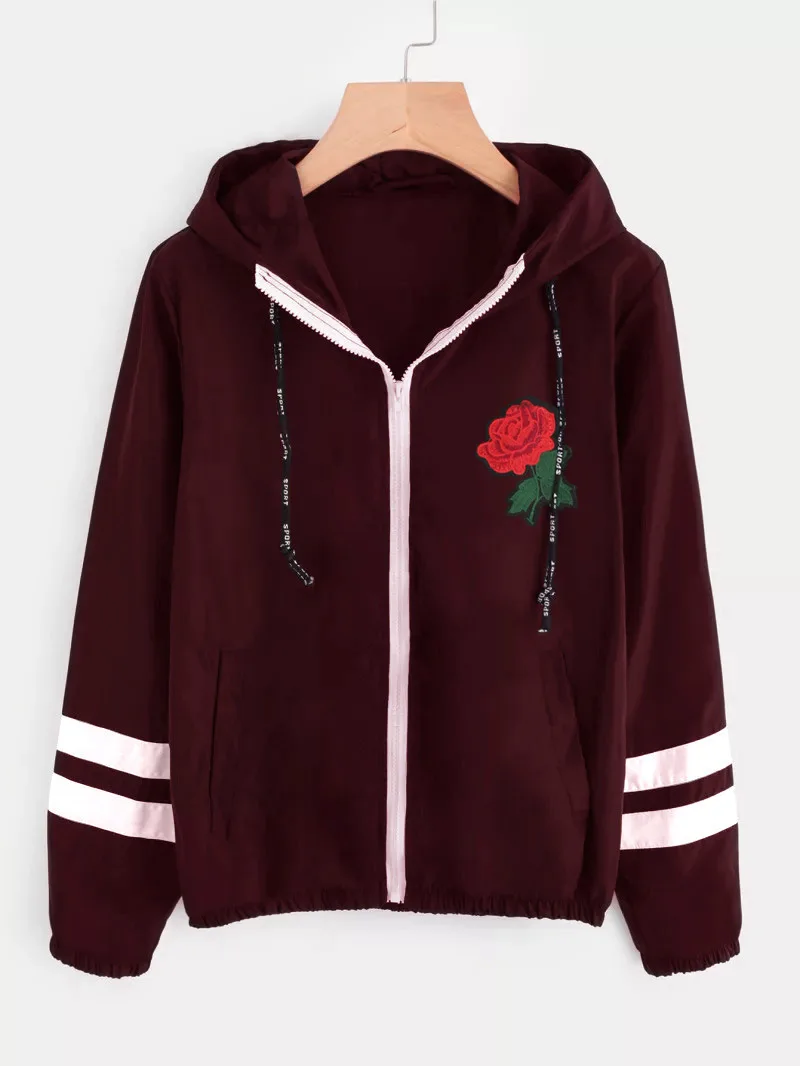 

2018 European And American-Style Summer New Style Women's Clothing Double Stripe Long Sleeve Floral Embroidered Hooded Jacket