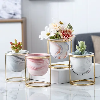 

Nordic Style Flower Vase Creative Marble Pattern Ceramics Golden Iron Art Vase Tabletop Flower Pot Wedding Living Room WJ901