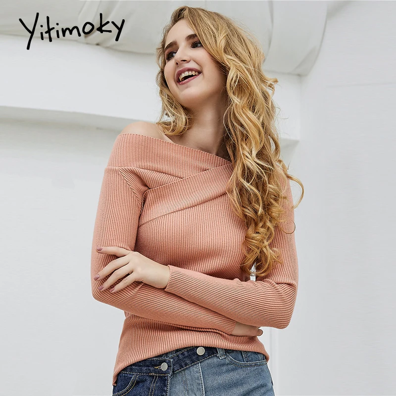 Slash neck women knitted pullover sweater Slim fit autumn winter female jumpers Long sleeve ladies Criss-Cross Solid Casual 2019 | Женская