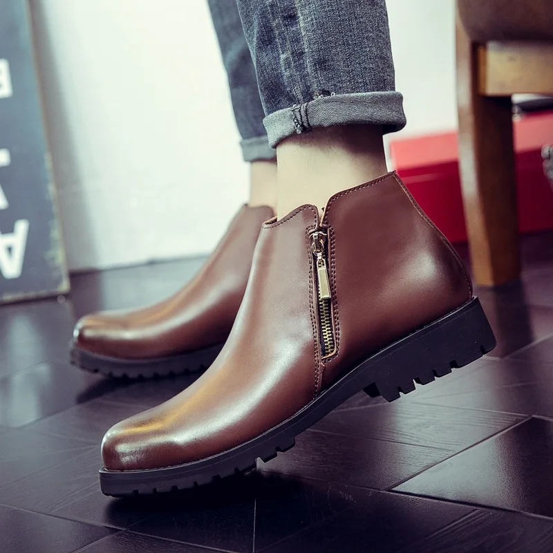 

Fashion Leisure Men Motorcycle Boots PU Ankle Round Toe Lace up Boots Platform Zipper Winter Outdoor Working Shoes