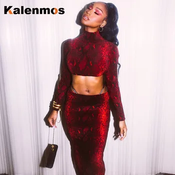 

Snake Print High Neck Long Sleeve Crop Tops Long Skirt 2 Pieces Set Women KALENMOS Autumn Winter Sexy Streetwear Party Outfits