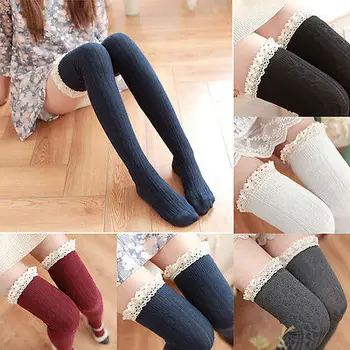 

New Fashion Soft Women Winter Warm Knitted Hollow Lace Long Leg Warmers Trim Boot Cuffs High Knee Boots Socks