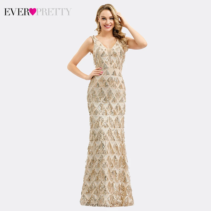 

Luxury Rose Gold Prom Dresses Ever Pretty Mermaid Double V-Neck Tassel Sequined Sexy Sparkle Evening Party Gowns Gala Jurken