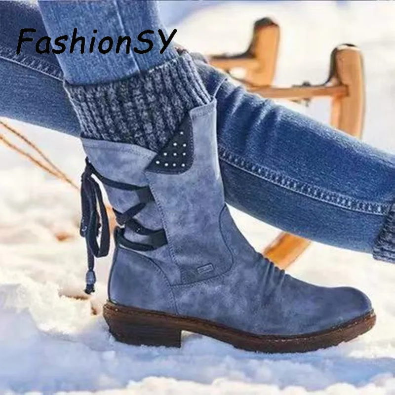 Online Botas cálidas para mujer 2019 Otoño Invierno Vintage zapatos planos de encaje botas de nieve de punto de retazos botas femeninas de media pantorrilla