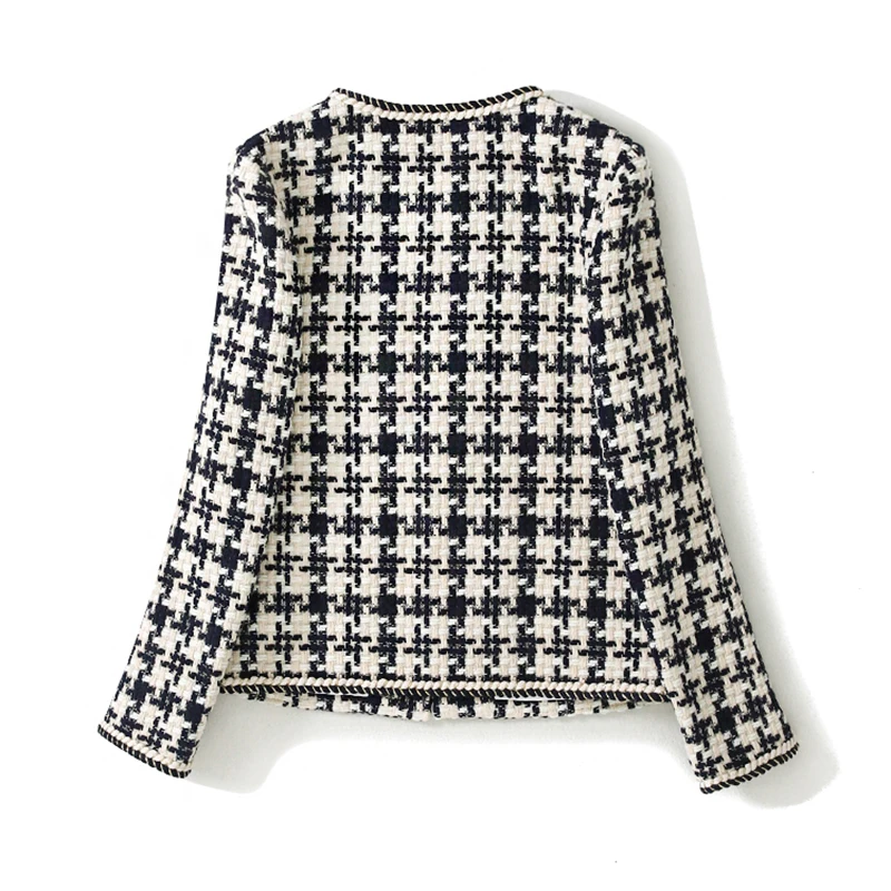 Promo  Tweed jacket Dark blue Plaid spring / autumn / winter women's jacket lapel long sleeve Business lad