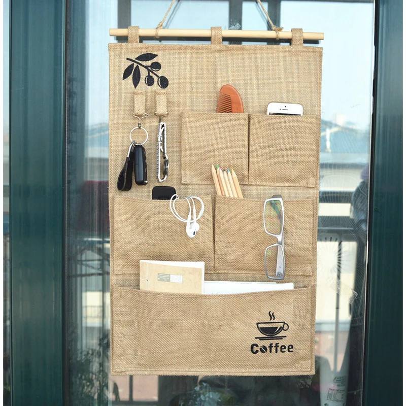 

Simple and modern Wall storage bag Jute nostalgic wall multi-purpose storage hanging bag Multi-port storage bag behind the door
