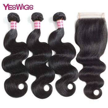 

Yeswigs Peruvian Body Wave Bundles With Closure Double Weft Hair Bundles Remy Pre Plucked Human Hair 3 Bundles With Lace Closure