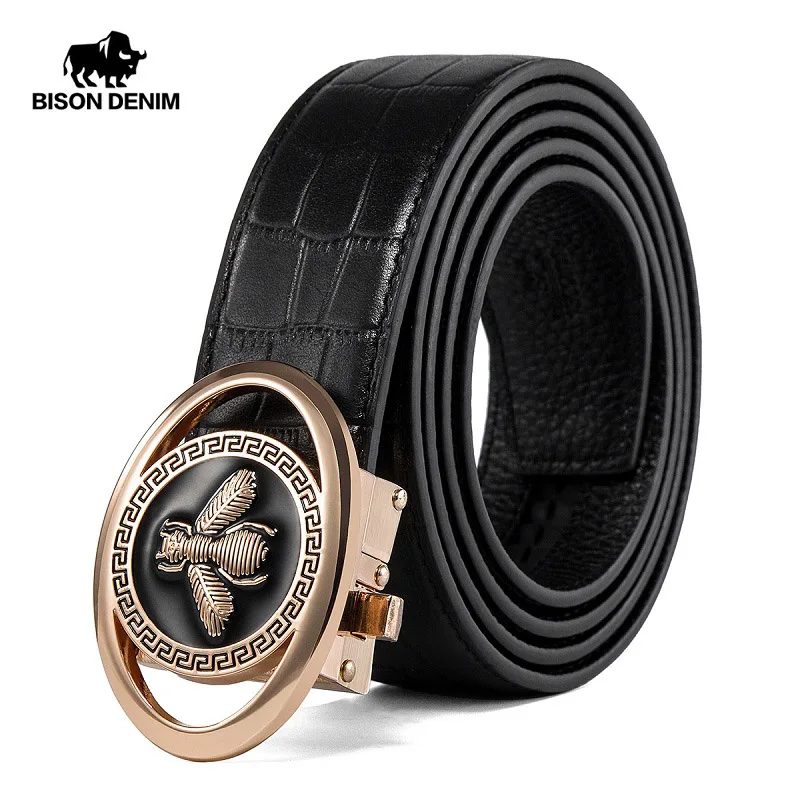 

BISON DENIM Genuine Leather Men Belt Automatic Buckle Crocodile Pattern Luxury Cowskin Strap Fashion Belt for Men N71503