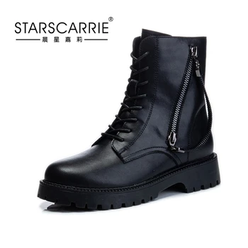 

Black MartIn Boots Women's Genuine Leather Shoes Platform Chunky Boots Lace Up Ankle Boots Winter Autumn Zip Shoes