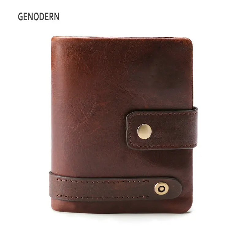 

GENODERN New Arrival Vintage RFID Men's Wallet Genuine Leather Men's Purse with Coin Pocket Buckle Desigh Vertial Wallet for Man