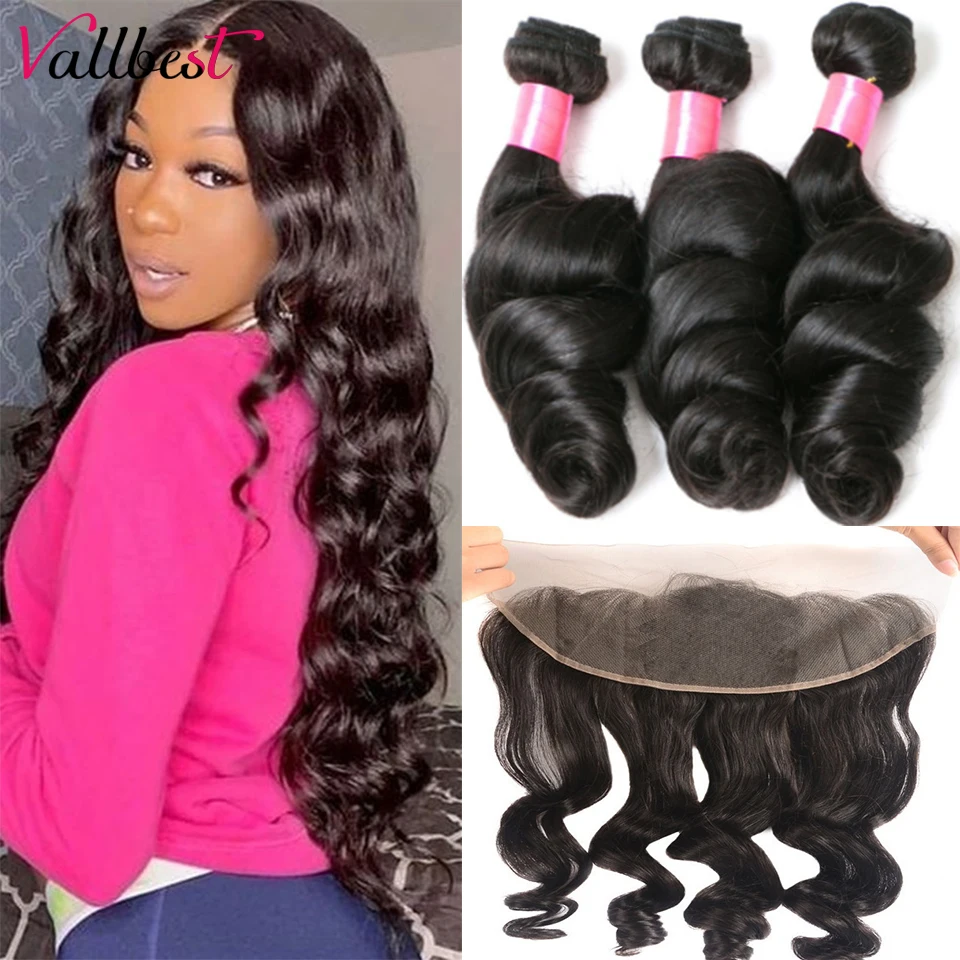 Vallbest-Cabello humano brasileño ondulado y suelto, 100% con 3 mechones frontales y cierre Frontal, Remy, color negro Natural, 4x13