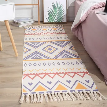 

Vintage Cotton and Linen Tassel Woven Carpet Floor Mat Door Bedroom Tapestry Decorative Blanket Tea Living Room Carpet Area Rug
