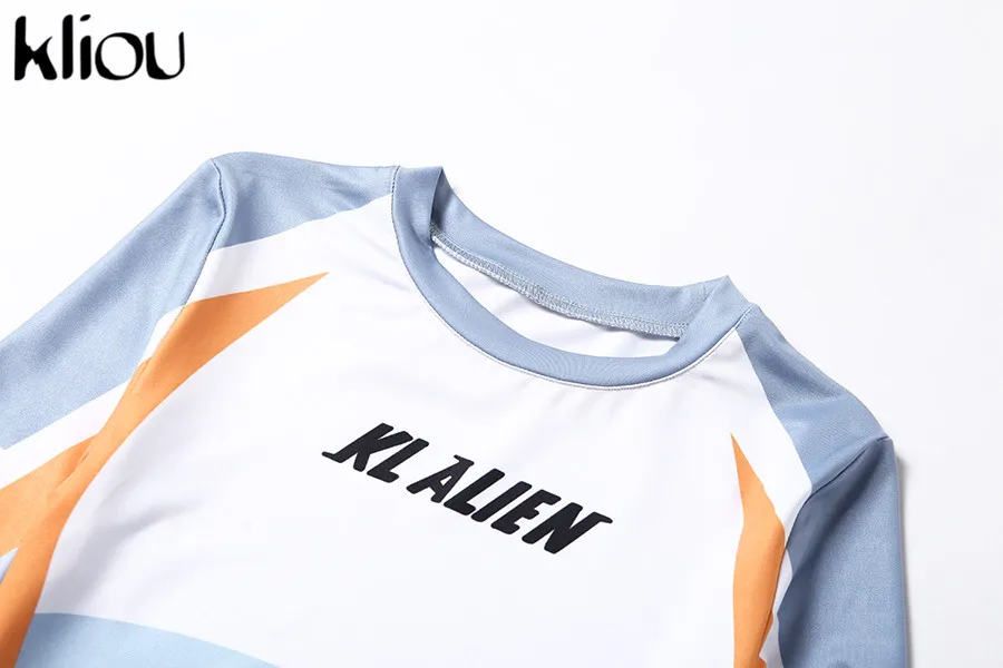Kliou для женщин с длинным рукавом CropTop тонкий наряд спортивный костюм комплект из двух предметов с буквенным принтом высокие эластичные обтягивающие леггинсы Женская спортивная одежда