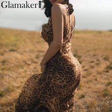 Glamaker leopardo estampado sexy vestido Maxi bodycon mujeres verano chifón playa sundress elegante vintage femenino club vestido de fiesta largo