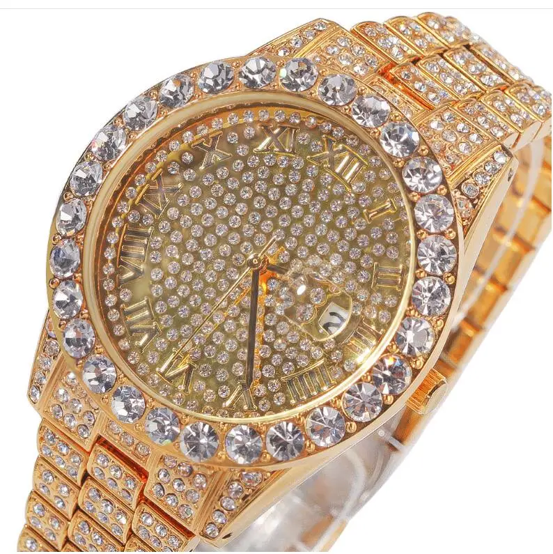 Мужские золотые часы класса «Люкс» Dia, полностью покрытые льдом, золотые бриллиантовые часы для мужчин, кварцевые часы, водонепроницаемые мужские наручные часы