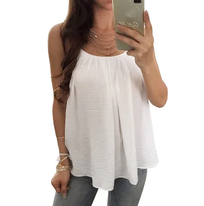 Strap Stitching Fold Multicolor Chiffon Vest Loose Sexy Small Strap Solid Color White Gray Green Black 6XL Camis tank top - Цвет: Белый