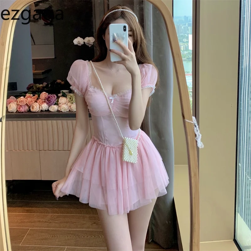Ezgaga Sexy Women Dress Square Collar Mesh Patchwork Bow Ball Gown Short Sleeve Elegant Pleated Korean Fashion Vestidos | Женская одежда