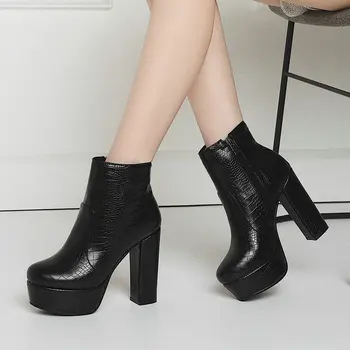 

Women's High Heels Ankle Boots Platform Winter Block Heel Short Boots White Black Blue Brown Woman Boots 2019 Zipper Boots