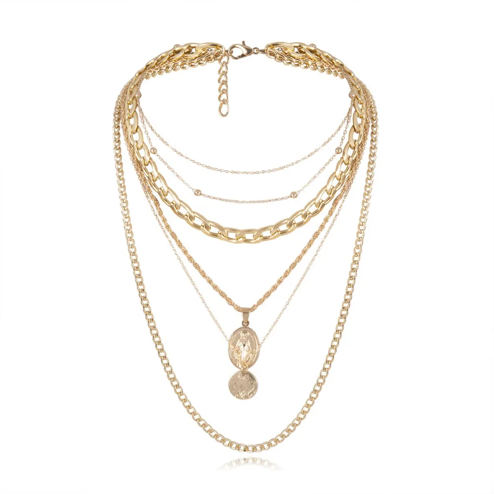 KMVEXO многослойная золотая цепочка с кисточкой кубинское колье ожерелье стимпанк Ювелирная монета кулон с портретом массивное ожерелье s для женщин
