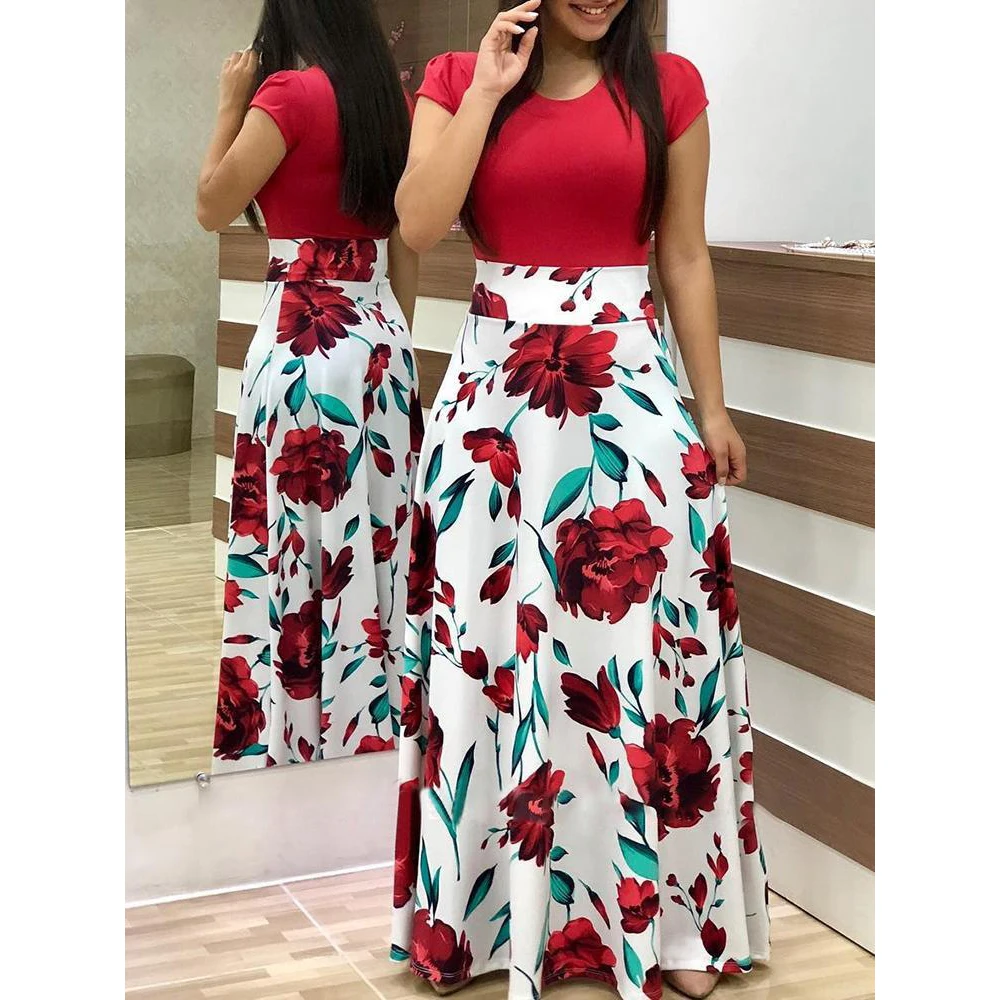 

Flower Print Color Stitching Ladies Dress Autumn Round Neck Multicolor Women's Dress LYQ015