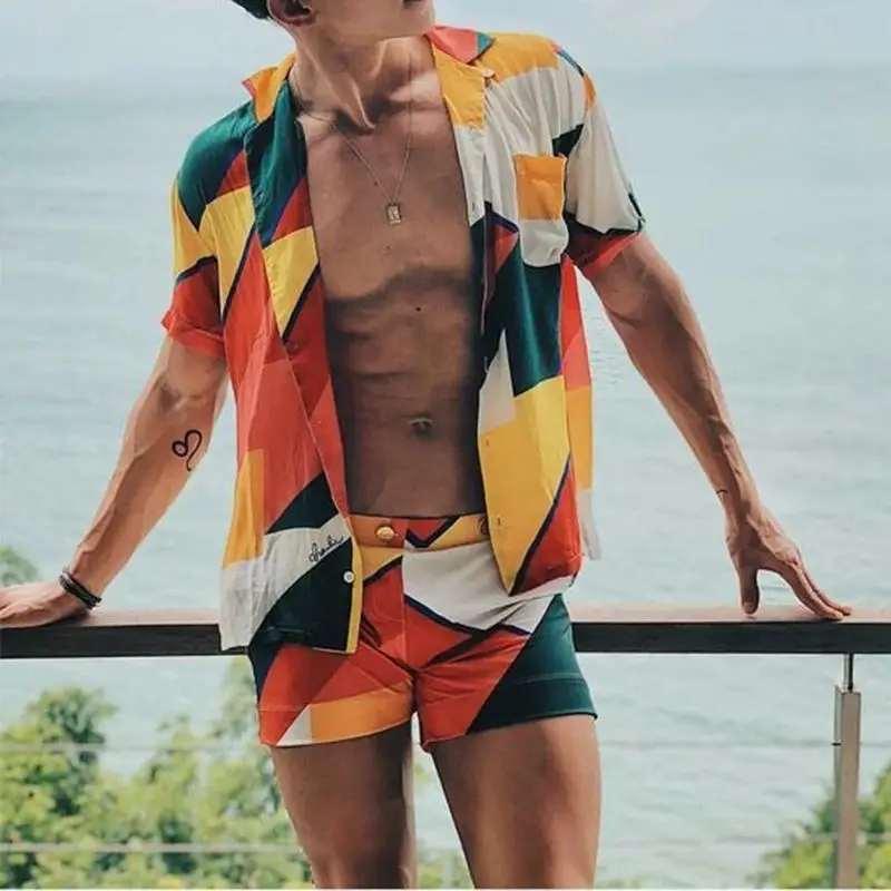 Short-Sleeve Suits Summer-Sets INCERUN Men Fashion Cardigan-Shirts S-3XL Print Elastic