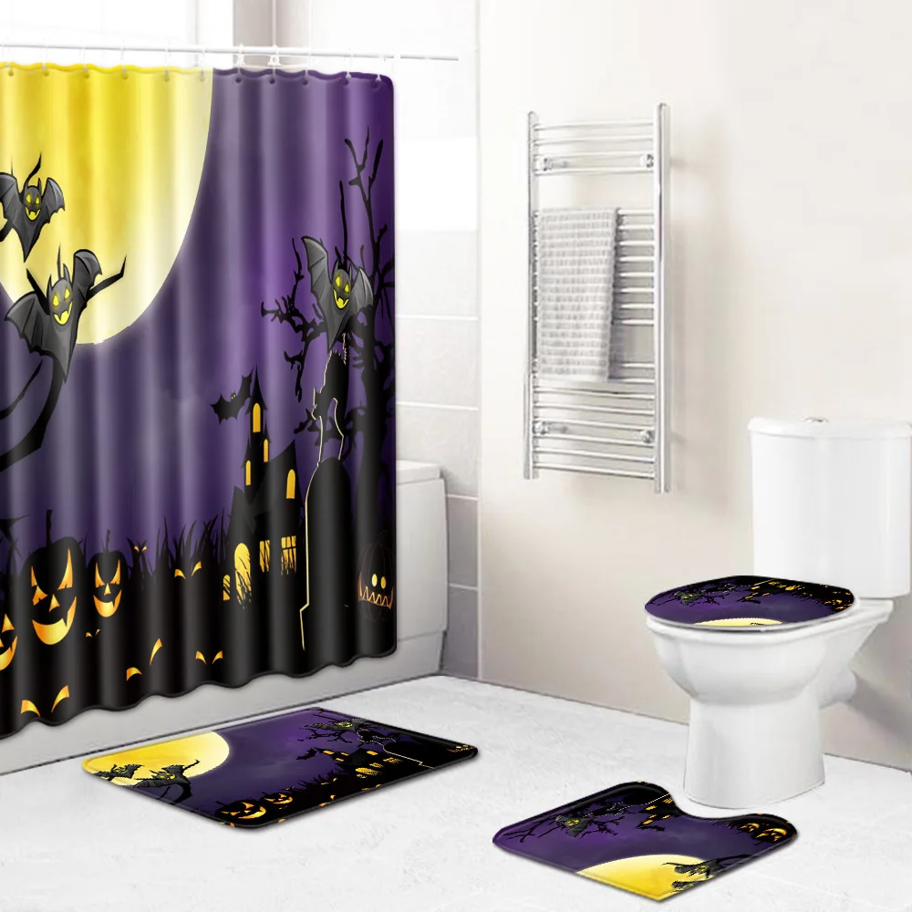

Treat or Trick 4 Piece Shower Curtain Set Happy Halloween Anti Slip Bath Mats Bathroom Carpet Print Pumpkin Toilet Mat Doormat