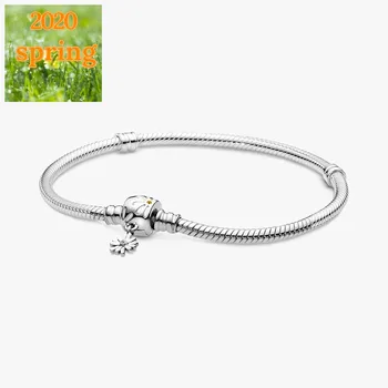 

2020 Spring NEW Fit Original Pan Charms 925 Sterling Silver Bracelet Daisy Flower Clasp Snake Chain Bracelet Women Gift