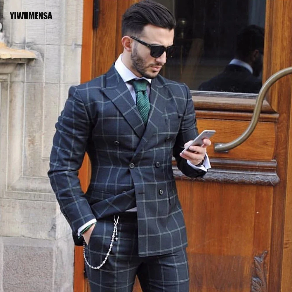 YIWUMENSA-Conjunto de chaqueta y pantalón para hombre, moda, a cuadros oscuros, doble botonadura, esmoquin ajustado, para novio de boda, Masculino, H1