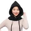 Women Winter Hooded Beanie Hat Thick Warm Cap Neck Collar Windproof Cotton Balaclava Solid Color 1