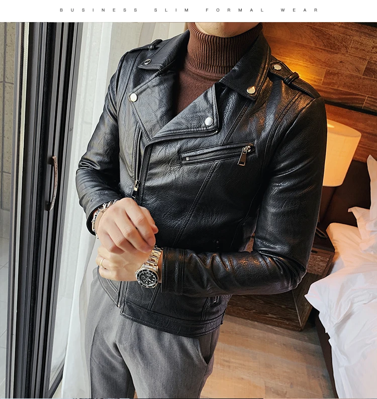 leather jacket outfit men High Quality Autumn Winter Fashion 2022 Diagonal Zipper Pu Leather Jacket Men Clothing Slim Fit Turn Down Collar Casual Coat 3XL leather jacket outfit men