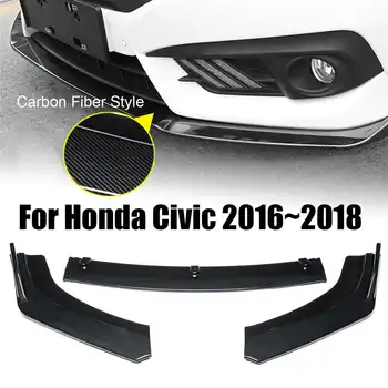 

3PCS Carbon Fiber Style Car Front Bumper Lip Splitter Lip Spoiler Diffuser Spoiler Cover Trim For Honda for Civic 2016~2018
