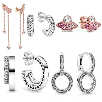 

925 Sterling Silver Pink Fan Signature Pave Double Snake Chain Pattern Hoop Fashion Earrings With Crystal For Women Jewelry Gift