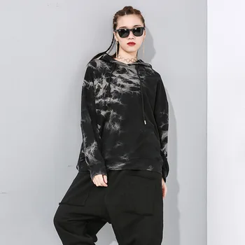 

2020 spring long sleeves Hooded Washed Tie Dye Printing Bodysuit Loose Hoodies Hip Hop Plus Size Sweatshirt with hat
