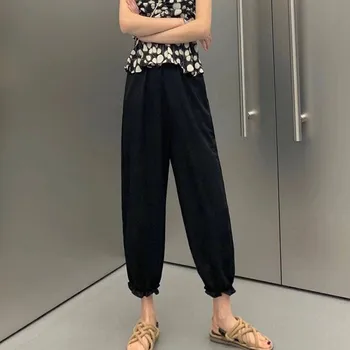 

2020 Summer Women Comfy Harem Pants Mid Waist Elastic Drawstring Solid Color Loose Straight Casual Long Trousers Nine Pants