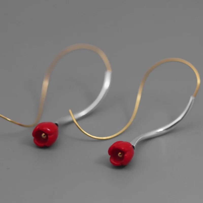 Original Charm Dangle earrings for women,Romantic Red rose flower earring,silver 925 jewelry thin hook,party wedding Accessory