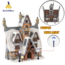 BuildMoc Movie zamek harry'ego Hogsmeade miasto zima wioska widok ulicy kreator Model domowy MOC klocki klocki zabawki dla dzieci