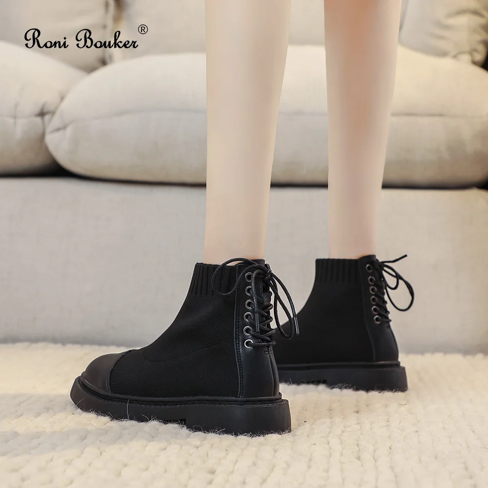 

Roni Bouker Women Spring Winter Boots Lace Up Black Sock Platform Booties Leather Ankle Shoes Woman Fashion Botas Mujer Big Size