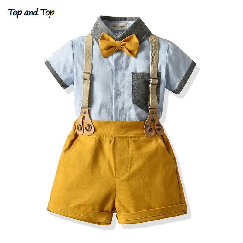 

Top and Top Summer Toddler Boys Gentleman Clothing Set Short Sleeve Shirt Tops with Bowtie+Suspenders Shorts Bebes Casual Outfit