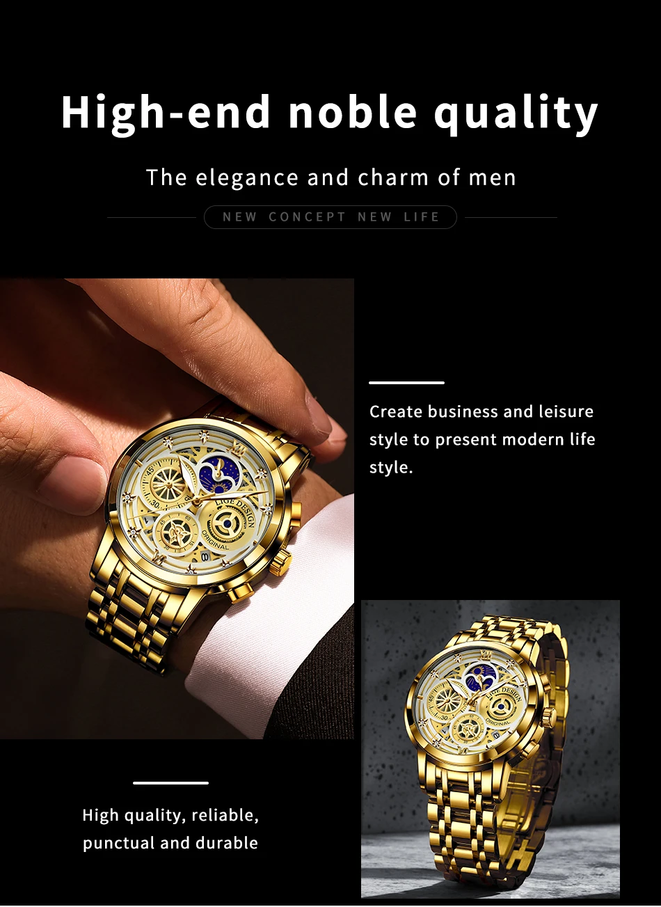 2021 New LIGE Sport Men Watch Top Brand Luxury Gold Stainless Steel Quartz Wrsit Watch Men Fashion Hollow Waterproof Chronograph