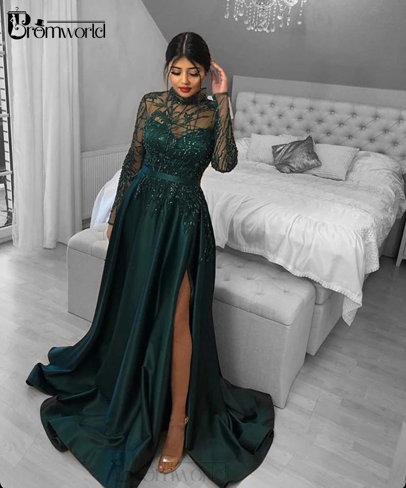 US $107.64 Illusion Long Sleeve Lace Beaded Emerald Green Evening Dresses 2020 ALine Split Satin Sexy Party Prom Gowns Robe De Soiree
