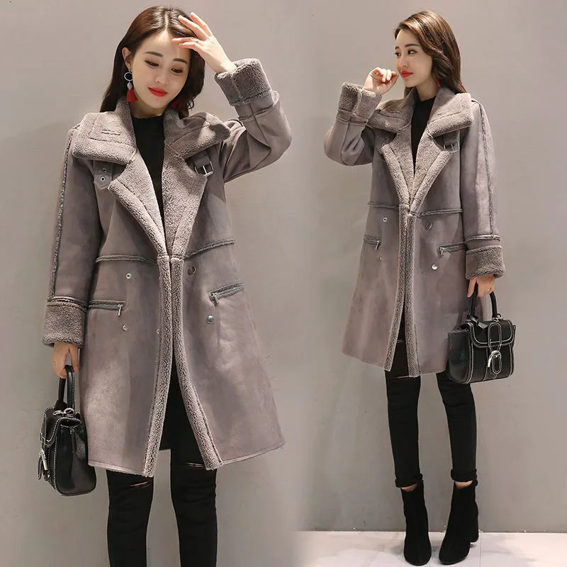 Корейская версия, свободное толстое хлопковое пальто средней длины, пальто из овечьей кожи, стоячий воротник, женская зимняя одежда