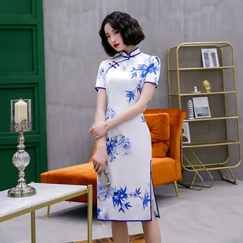 

Summer Short Sleeve Cheongsam Traditional Ladies Mandarin Collar Dress Plus Size 3XL 4XL Print Floral Qipao Slim Split Vestidos