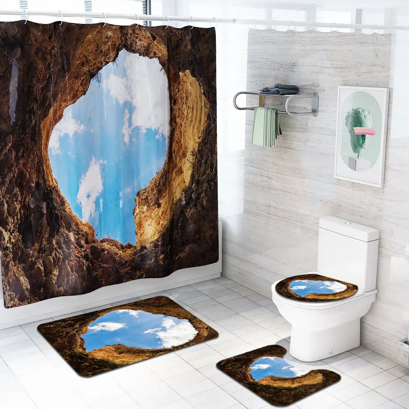 Водостойкая 3D занавеска для душа с водоотталкивающим пейзажем для ванной комнаты с изображением неба и озера, набор ковриков для ванной, крышка для унитаза, домашний декор
