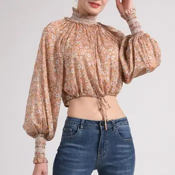 

Retro Floral Women Blouse Turtleneck Long Lantern sleeve Lady Short Shirt and Top Fashion 2020